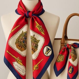 Vintage Nautical Silk Scarf Red Navy Gold Maritime Print